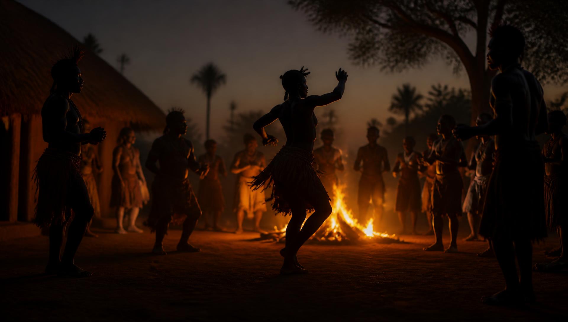 Dancers around a village fire at dusk